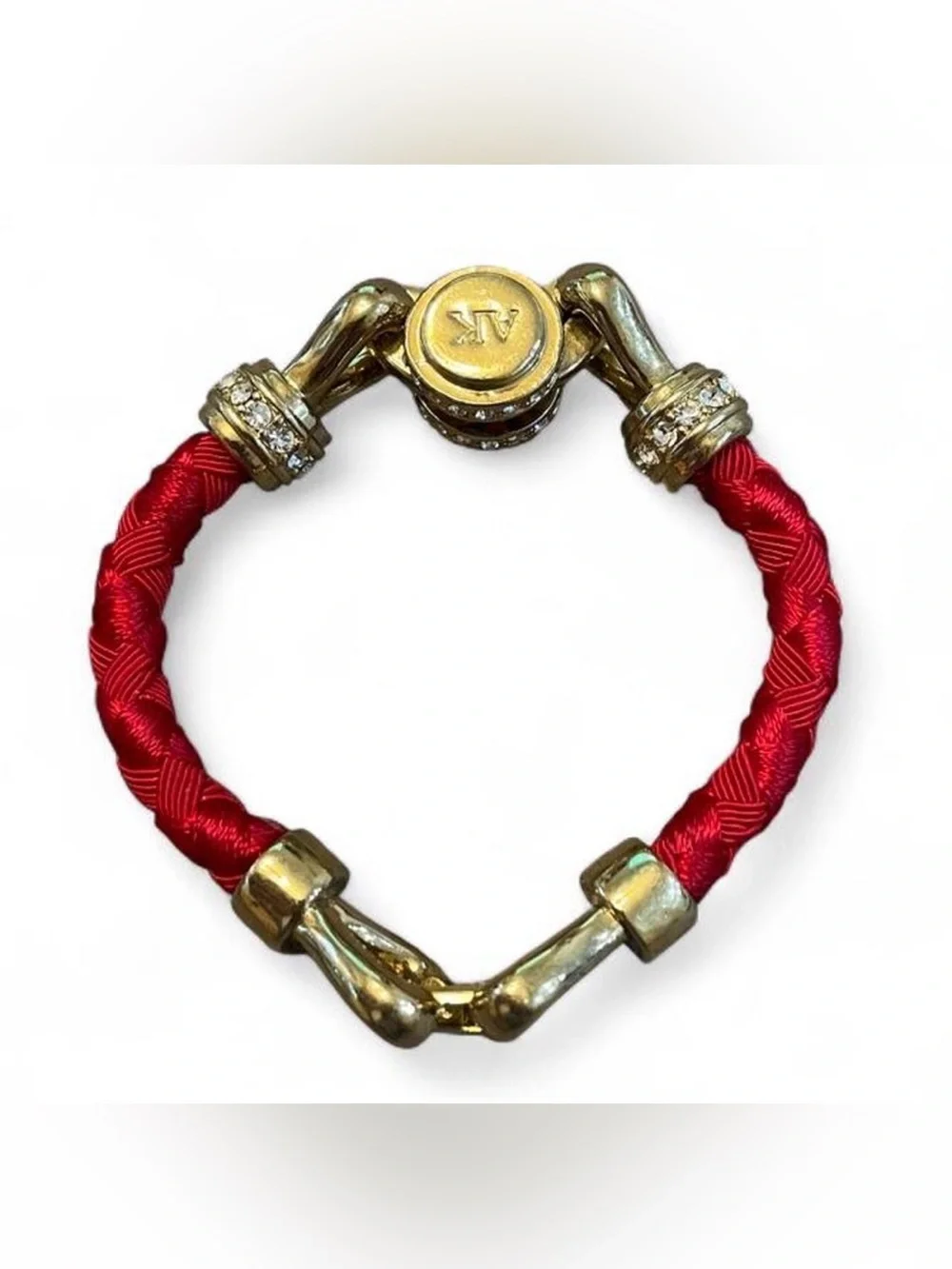 Vintage Anne Klein Signed AK Clamper Bracelet Red Cord Gold Tone Rhinestone